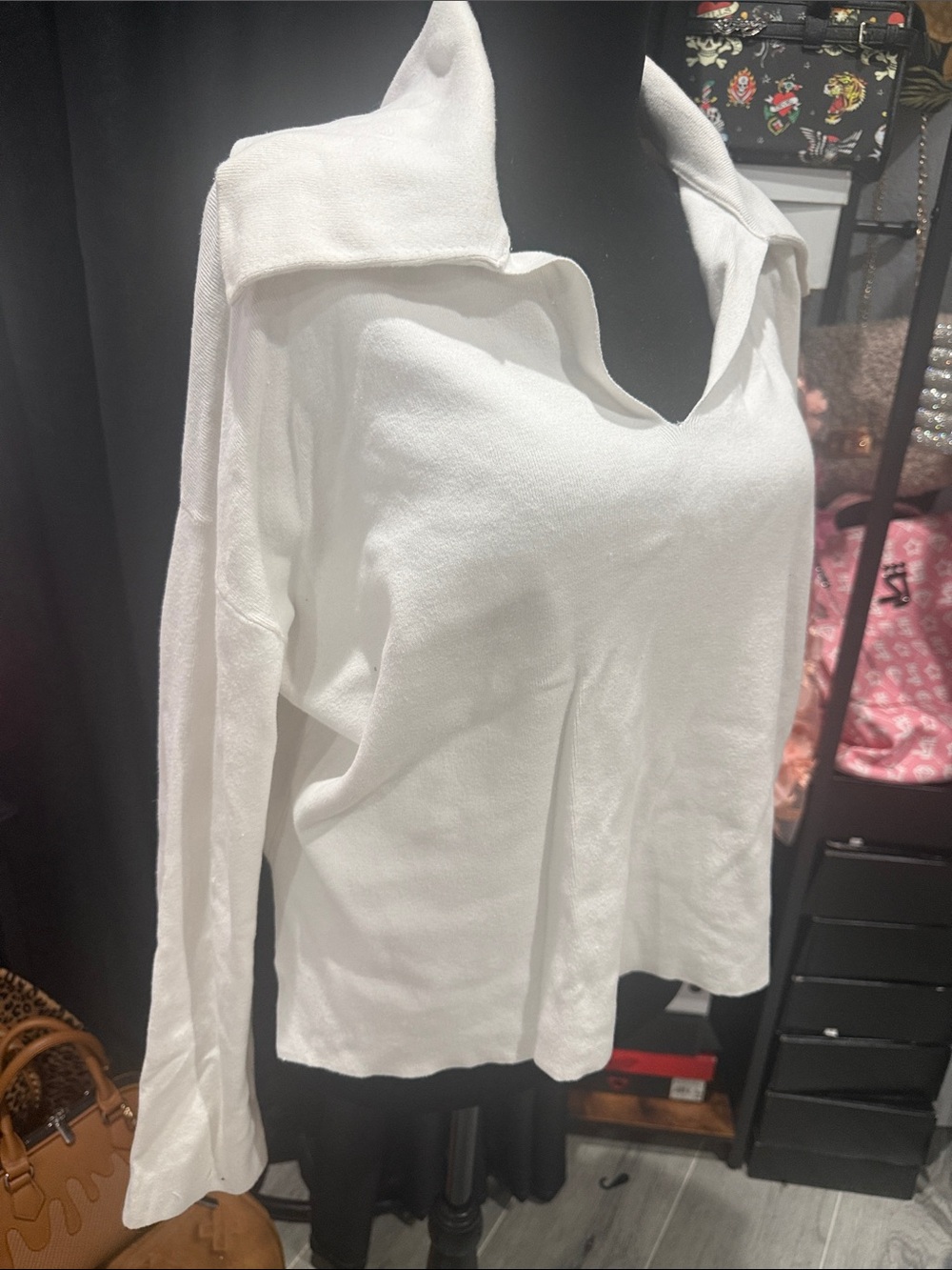 Express White V-Neck Collared Pullover